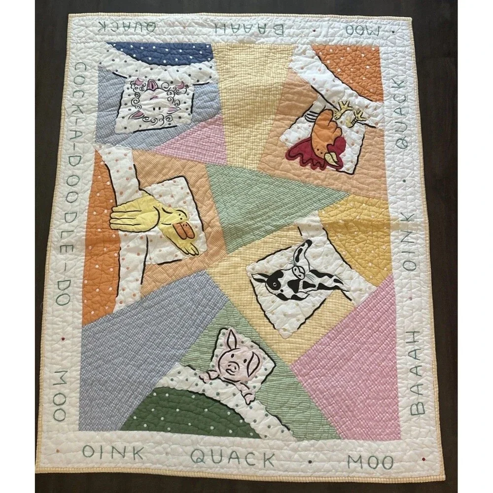 Vtg Barnyard Baby Quilt Crib Size Chickens Duck Cow Gingham And Crib Dust Ruffle